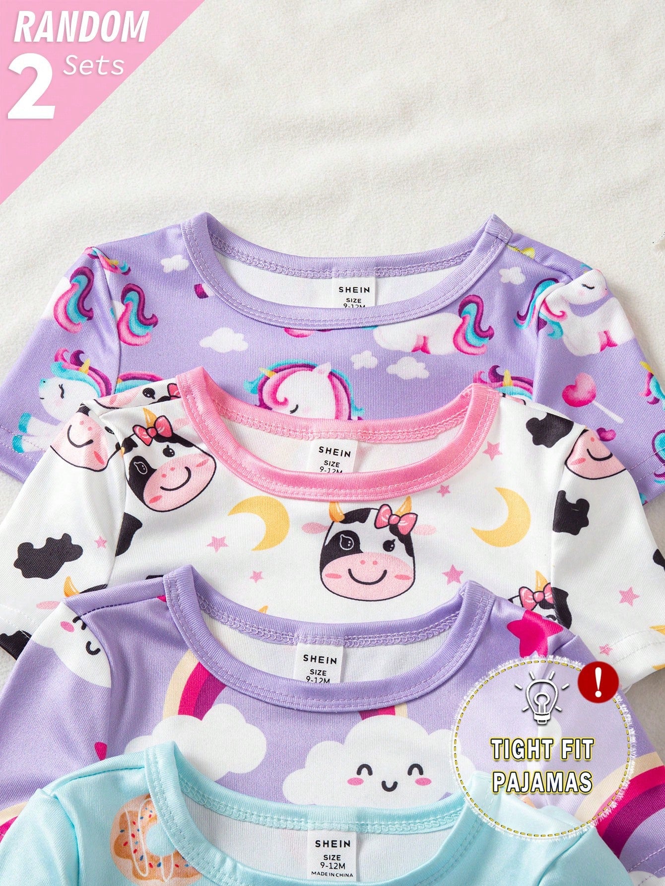 2 Sets Random Baby Girls Toddler Pajamas Set,Summer Cute Holiday Light Blue And White Unicorn Rainbow Cow Print Short Sleeve Shorts Snug Fit Sleepwear