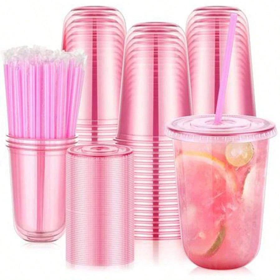 20/50pcs 16oz Pink Plastic Party Cups With Lids And Straws, Iced Coffee Cup With Lids, Round Bottom Drinking Cups For Birthday Wedding Valentine's Galentine Bachelorette Party