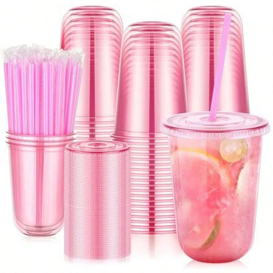 20/50pcs 16oz Pink Plastic Party Cups With Lids And Straws, Iced Coffee Cup With Lids, Round Bottom Drinking Cups For Birthday Wedding Valentine's Galentine Bachelorette Party
