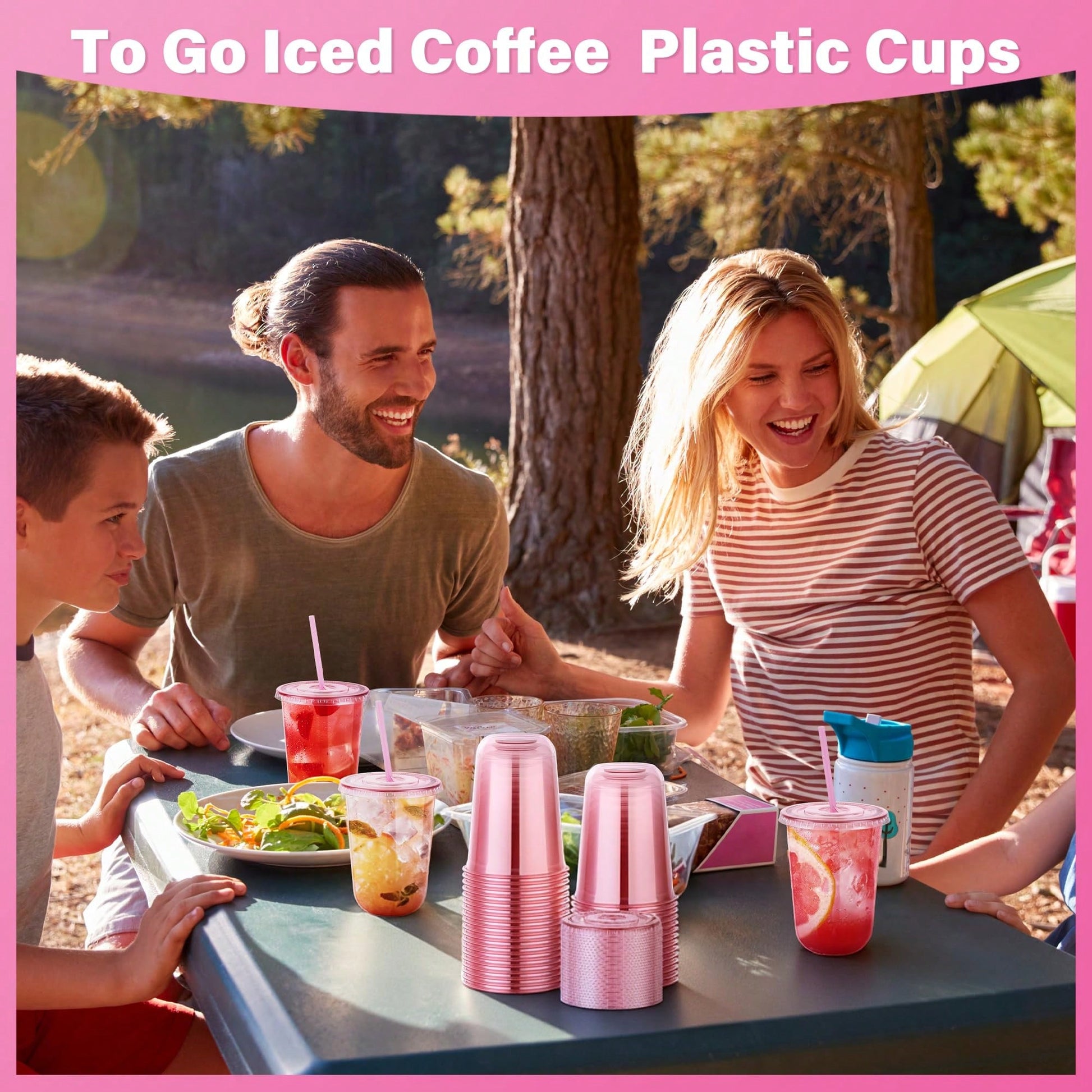 20/50pcs 16oz Pink Plastic Party Cups With Lids And Straws, Iced Coffee Cup With Lids, Round Bottom Drinking Cups For Birthday Wedding Valentine's Galentine Bachelorette Party