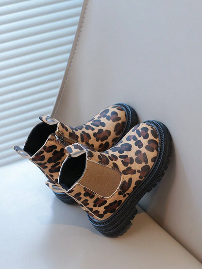 2024 Fashion New Leopard Print Kids Ankle Boots Girls Flat Side Zip Chelsea Boots Soft Bottom Versatile Princess Boots