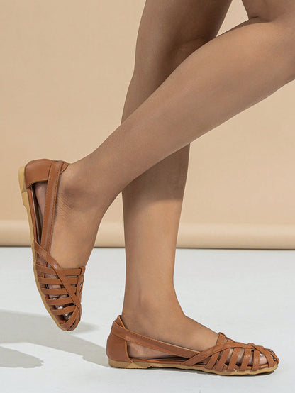 2025 Autumn Women Woven Detail Open Toe Flat Shoes