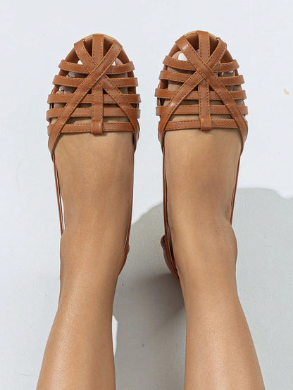 2025 Autumn Women Woven Detail Open Toe Flat Shoes