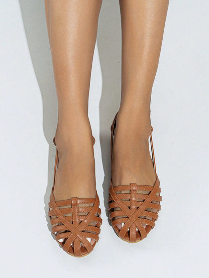 2025 Autumn Women Woven Detail Open Toe Flat Shoes