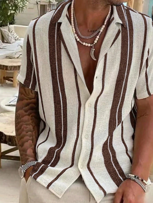 2025 Men's Casual Relaxed Summer Beach Striped Colorblock Shirt, Short Sleeve