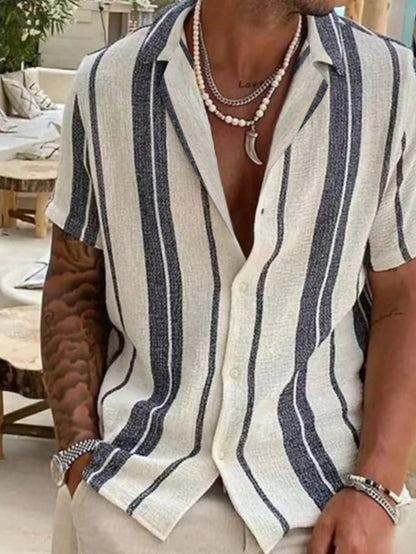2025 Men's Casual Relaxed Summer Beach Striped Colorblock Shirt, Short Sleeve