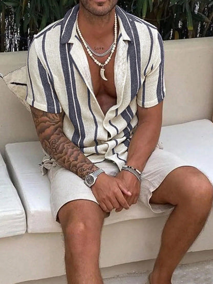 2025 Men's Casual Relaxed Summer Beach Striped Colorblock Shirt, Short Sleeve