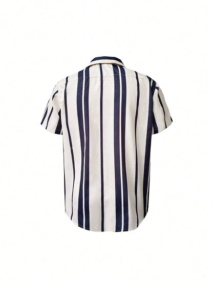 2025 Men's Casual Relaxed Summer Beach Striped Colorblock Shirt, Short Sleeve