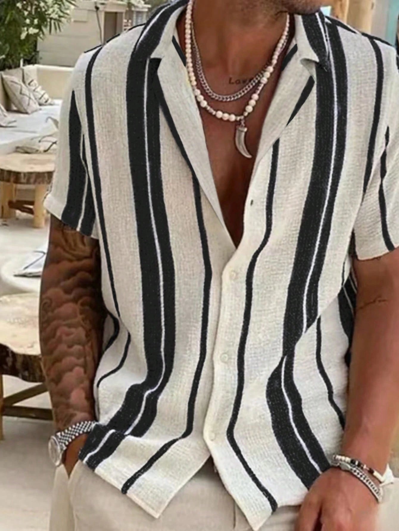 2025 Men's Casual Relaxed Summer Beach Striped Colorblock Shirt, Short Sleeve