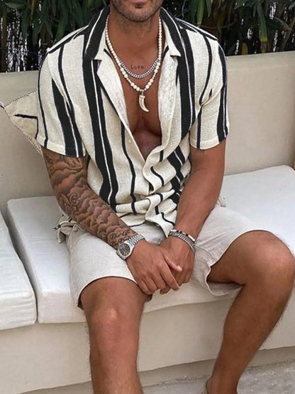 2025 Men's Casual Relaxed Summer Beach Striped Colorblock Shirt, Short Sleeve