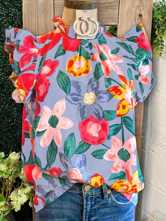 2025 Spring & Summer Fashion New Design French Style Women Blouse With Ruffled Collar, Floral Print, Sleeveless Vest, Retro, Casual, Office Wear, Teacher Shirt, 70s Style, Minimalist, Spring & Summer