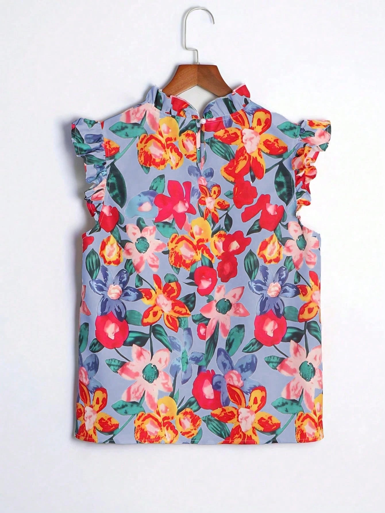 2025 Spring & Summer Fashion New Design French Style Women Blouse With Ruffled Collar, Floral Print, Sleeveless Vest, Retro, Casual, Office Wear, Teacher Shirt, 70s Style, Minimalist, Spring & Summer