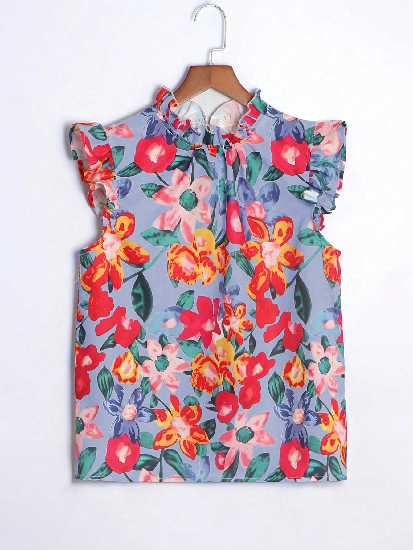 2025 Spring & Summer Fashion New Design French Style Women Blouse With Ruffled Collar, Floral Print, Sleeveless Vest, Retro, Casual, Office Wear, Teacher Shirt, 70s Style, Minimalist, Spring & Summer