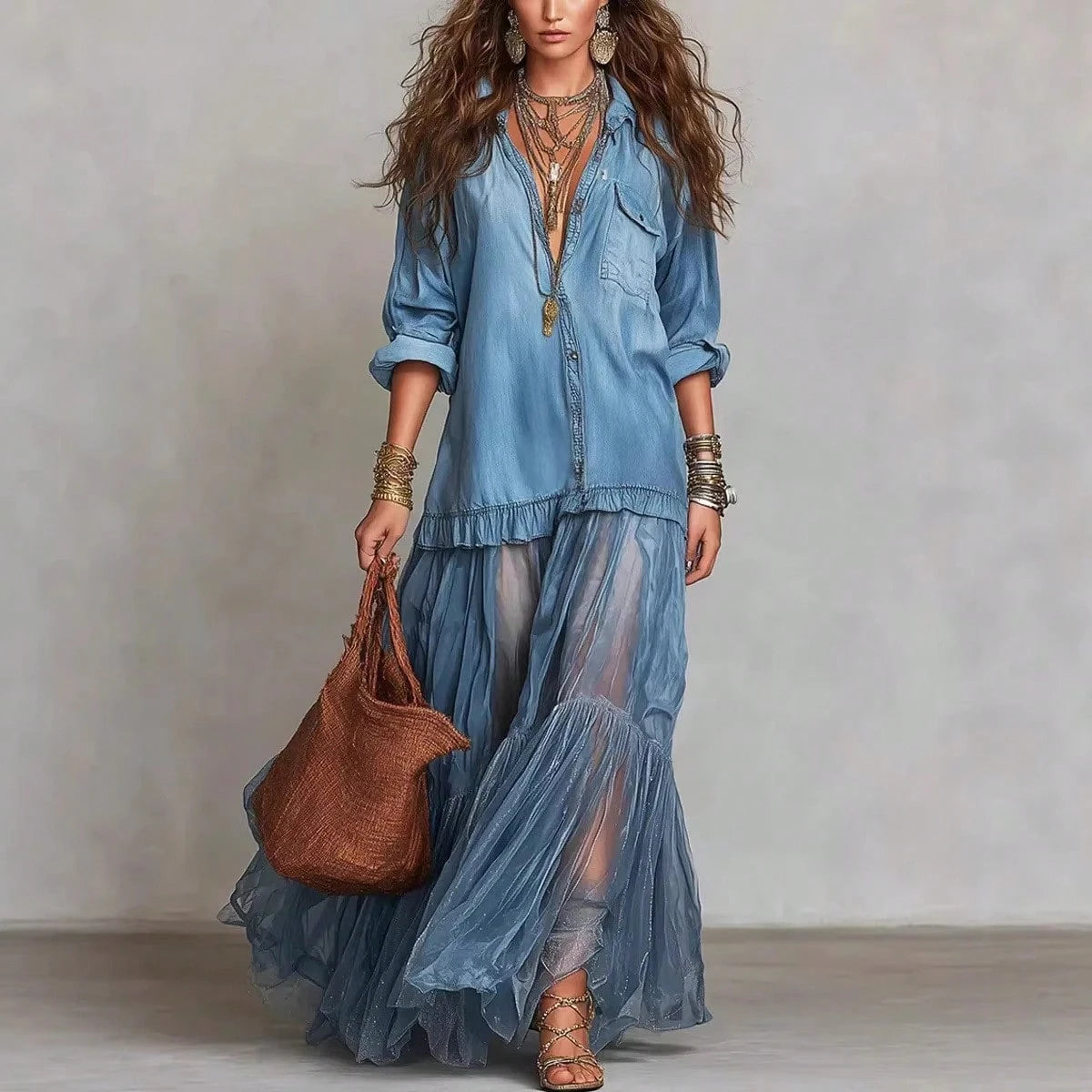 2026 Hot Vintage Collar Faux Denim Maxi Dress With Pockets Casual Women Dress