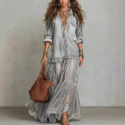 2026 Hot Vintage Collar Faux Denim Maxi Dress With Pockets Casual Women Dress
