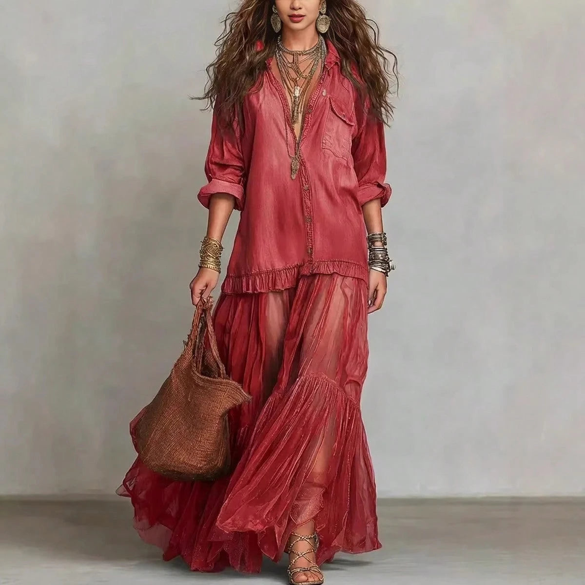 2026 Hot Vintage Collar Faux Denim Maxi Dress With Pockets Casual Women Dress