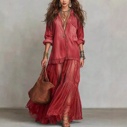 2026 Hot Vintage Collar Faux Denim Maxi Dress With Pockets Casual Women Dress