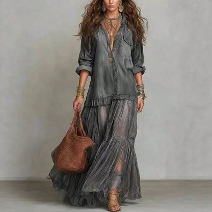 2026 Hot Vintage Collar Faux Denim Maxi Dress With Pockets Casual Women Dress