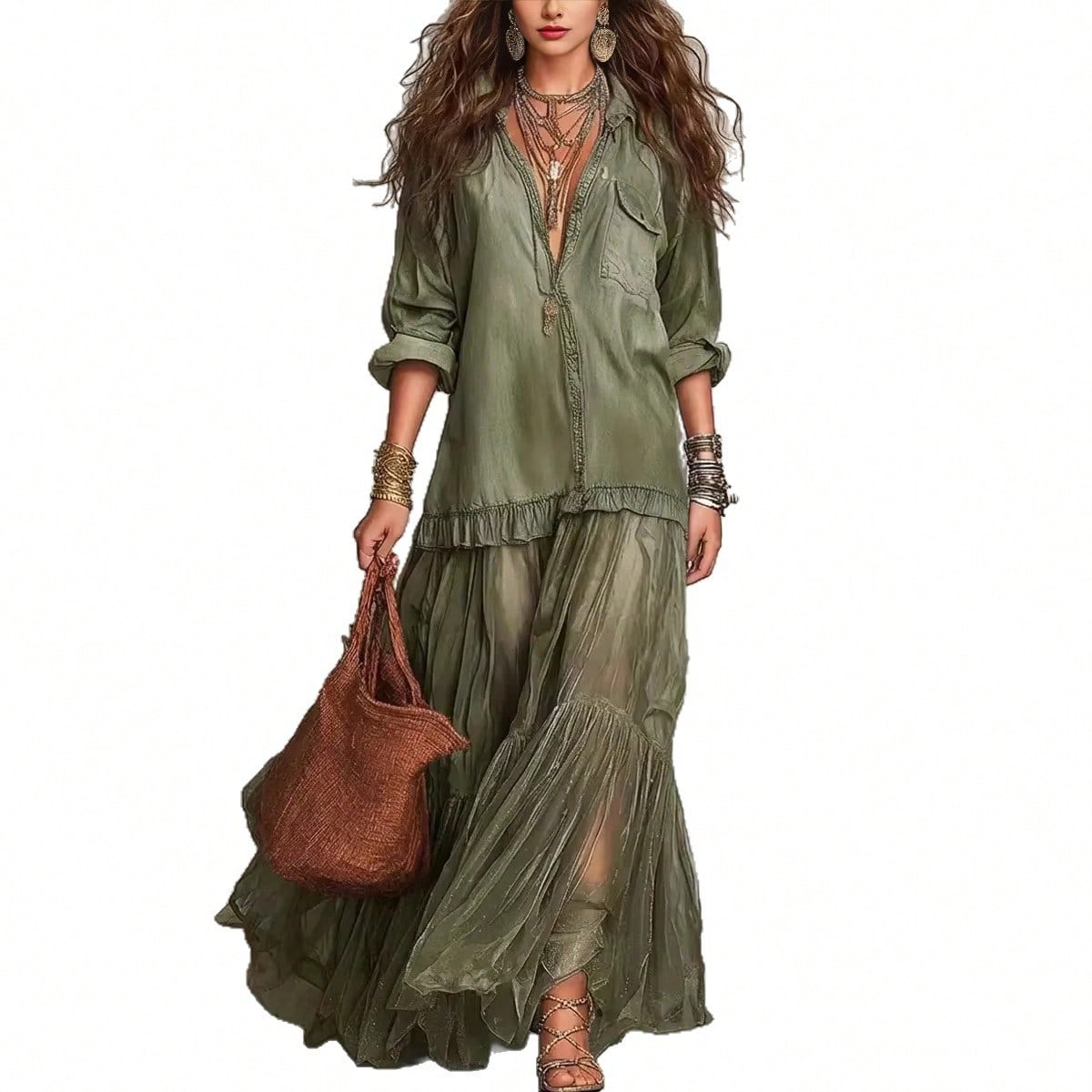 2026 Hot Vintage Collar Faux Denim Maxi Dress With Pockets Casual Women Dress