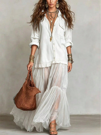2026 Hot Vintage Collar Faux Denim Maxi Dress With Pockets Casual Women Dress