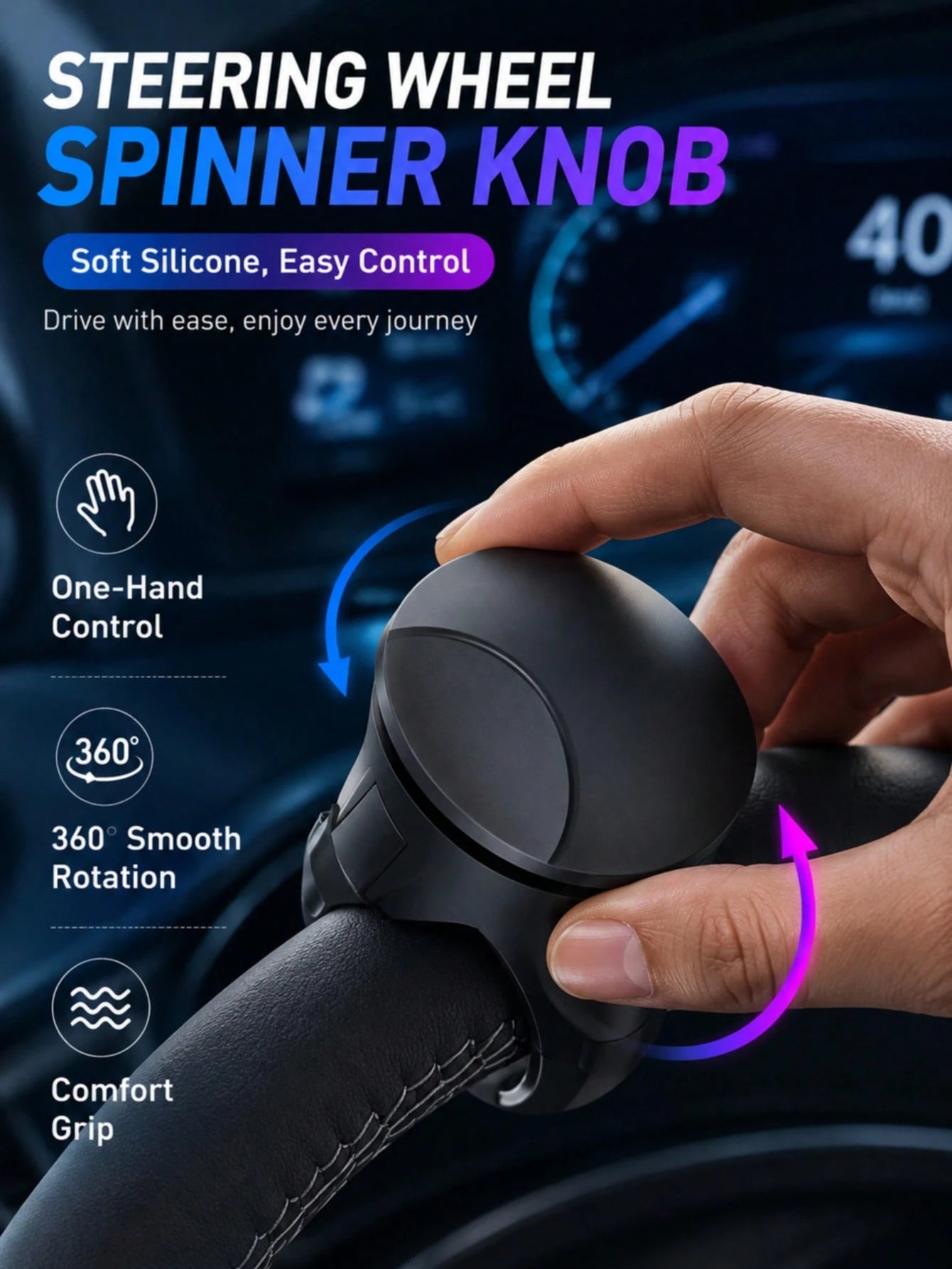 2026 Latest Portable Easy-Grip Silicone Steering Wheel Booster- 360° Rotating Design, Non-Slip Single-Handed Operation, Perfectly Fits All Vehicle Models, Fashionable Black Appearance! This Steering