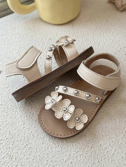2026 New Girls' Sandals, 3D Flower + Rivet Decor Soft Material, Open Toe Lace-Up Flat Sweet Floral Style, Suitable For Daily Outings, Play, Birthday Parties And Holiday Celebrations. Size Runs Small