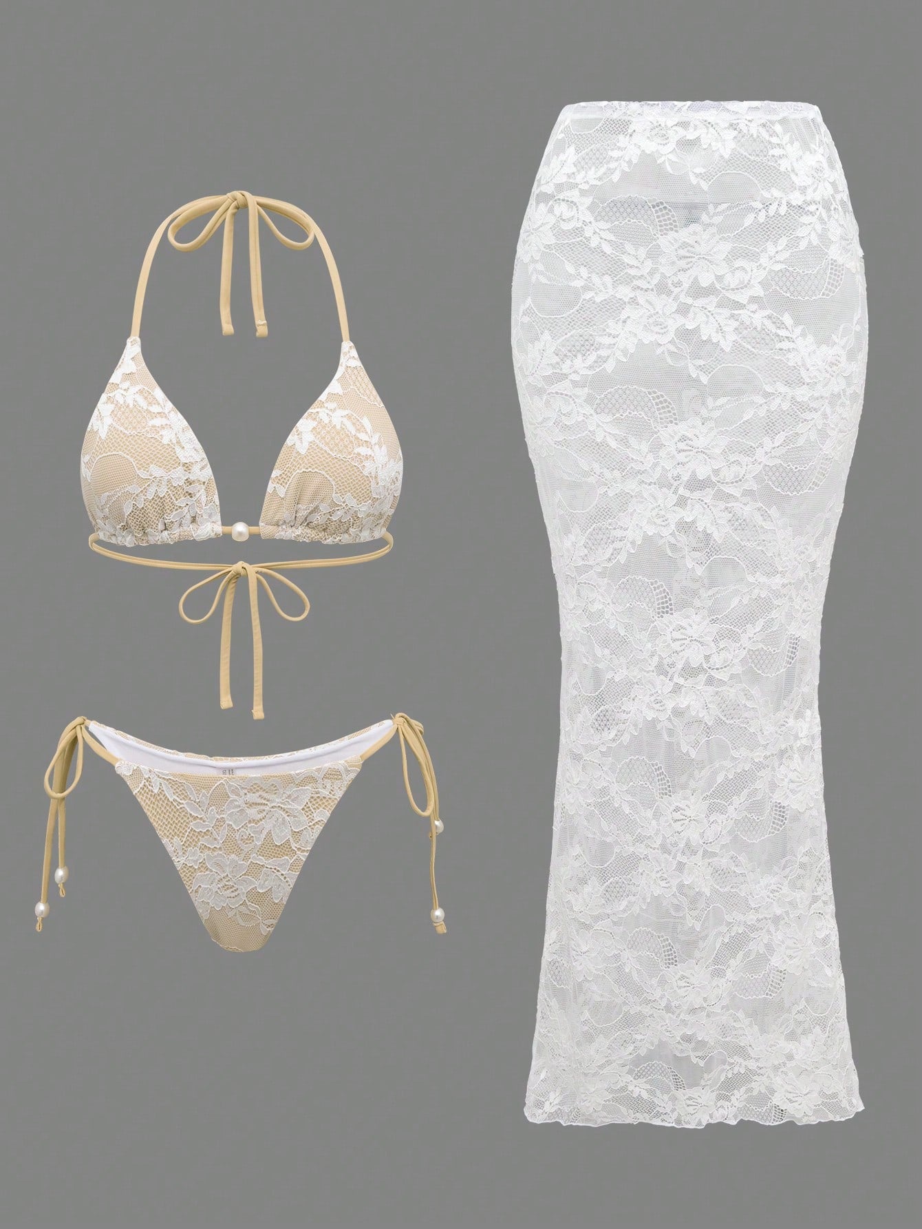 2026 New Spring Summer Women Solid Color Minimalist Elegant Beach Vacation 3-Piece Swimwear Set With Pearl Decor, Halter Tie Top And Lace Mesh Skirt White