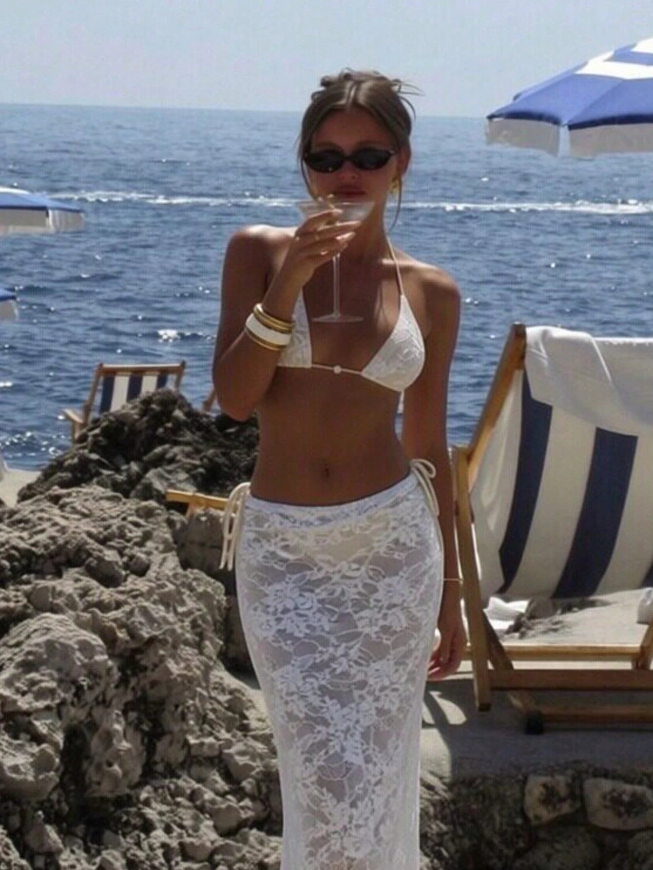 2026 New Spring Summer Women Solid Color Minimalist Elegant Beach Vacation 3-Piece Swimwear Set With Pearl Decor, Halter Tie Top And Lace Mesh Skirt White