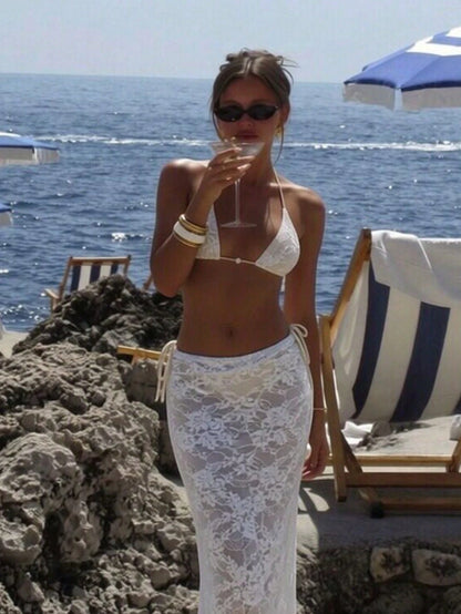 2026 New Spring Summer Women Solid Color Minimalist Elegant Beach Vacation 3-Piece Swimwear Set With Pearl Decor, Halter Tie Top And Lace Mesh Skirt White