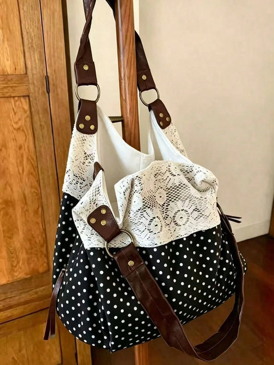 2026 New Summer Mori Style Vintage Lace Floral Plaid Patchwork Fabric Bag Women's Versatile Shoulder Handbag Commuter Bag