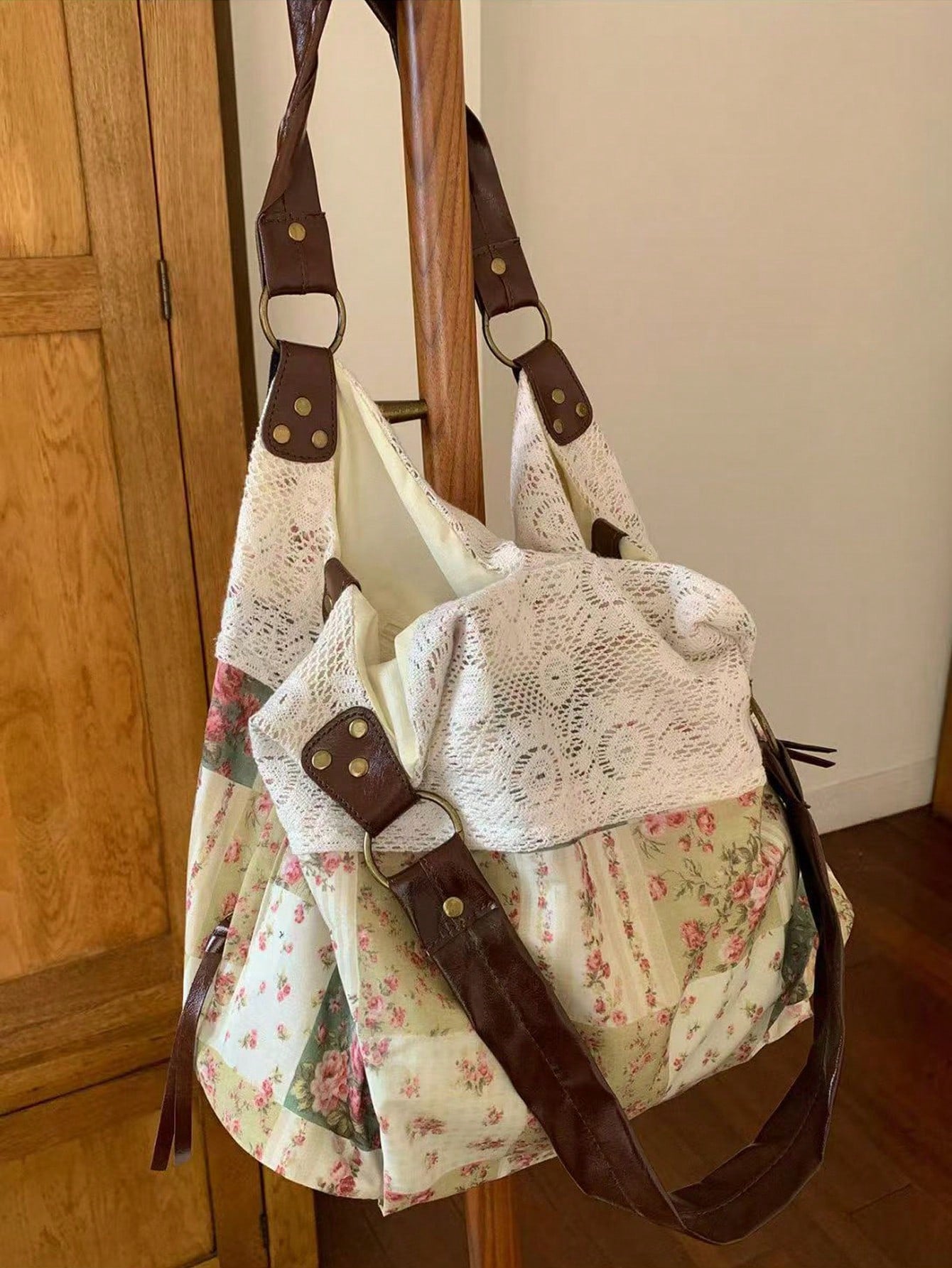 2026 New Summer Vintage Lace Floral Plaid Patchwork Tote Bag, Versatile Shoulder Handbag For Women, Aesthetic