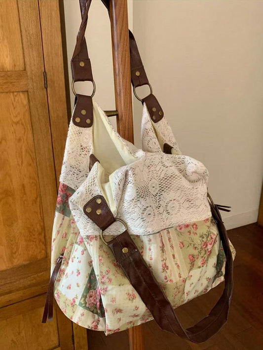 2026 New Summer Vintage Lace Floral Plaid Patchwork Tote Bag, Versatile Shoulder Handbag For Women, Aesthetic