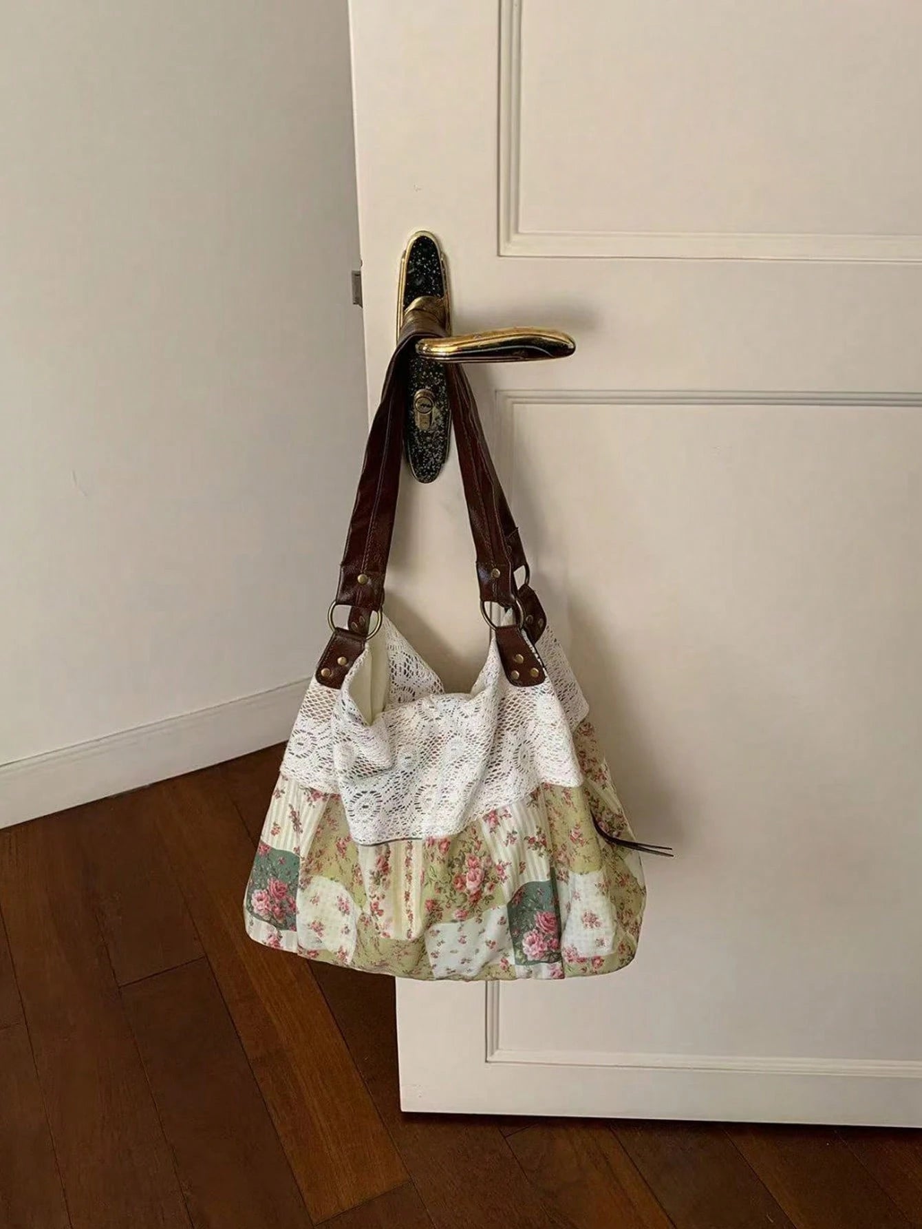 2026 New Summer Vintage Lace Floral Plaid Patchwork Tote Bag, Versatile Shoulder Handbag For Women, Aesthetic