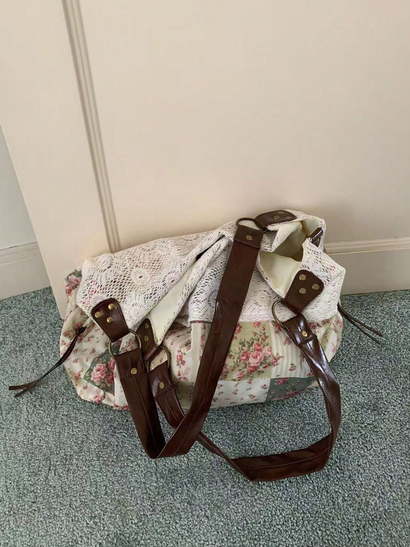 2026 New Summer Vintage Lace Floral Plaid Patchwork Tote Bag, Versatile Shoulder Handbag For Women, Aesthetic