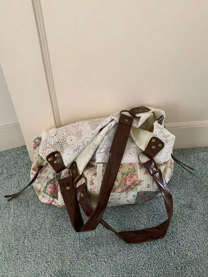 2026 New Summer Vintage Lace Floral Plaid Patchwork Tote Bag, Versatile Shoulder Handbag For Women, Aesthetic