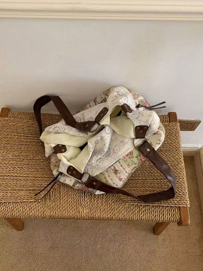 2026 New Summer Vintage Lace Floral Plaid Patchwork Tote Bag, Versatile Shoulder Handbag For Women, Aesthetic