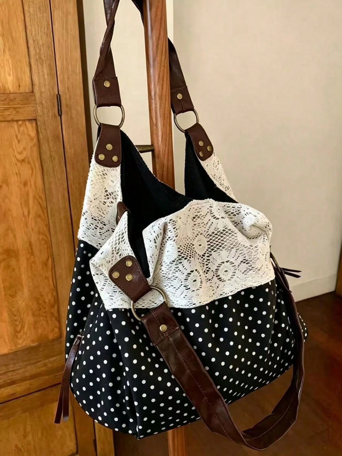 2026 New Summer Vintage Lace Floral Plaid Patchwork Tote Bag, Versatile Shoulder Handbag For Women, Aesthetic