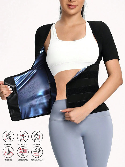 2026 New Women's Sweat Sauna Suit, Fitness Body Shaping Sweat-Wicking Portable Adhesive Waist Sealing Short Sleeve Bodysuit, Fixed Chest Support Short Sleeve Running Sports Tummy Control Yoga Outfit