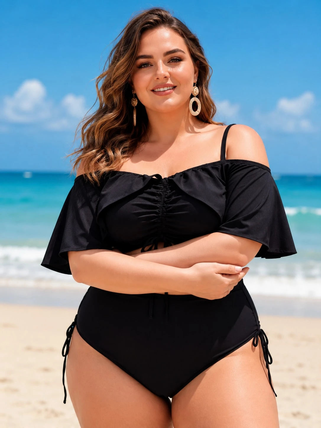 2026 Plus Size Colorful Marble 3 Piece Bikini Set 0XL-4XL, Halter Top, Ruched Swim Skirt, Tummy Control Beach Pool Cruise Vacation Swimwear For Curvy