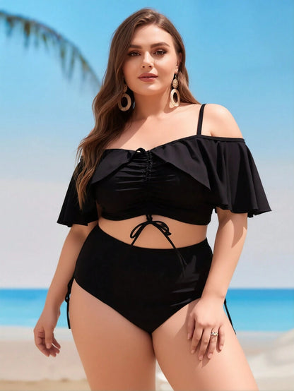 2026 Plus Size Colorful Marble 3 Piece Bikini Set 0XL-4XL, Halter Top, Ruched Swim Skirt, Tummy Control Beach Pool Cruise Vacation Swimwear For Curvy