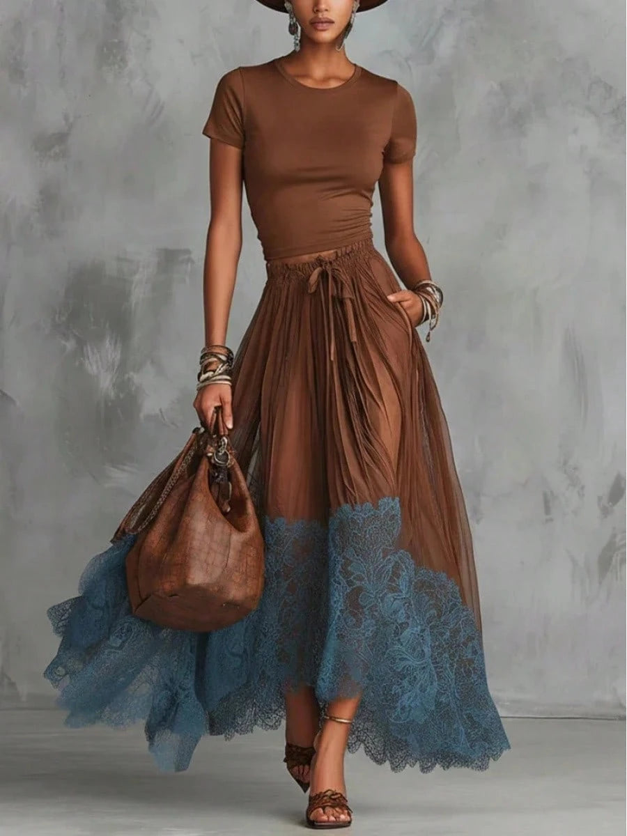 2026 Spring New V-Neck Waist-Cinching Ruffle Hem Elegant Base Top + Long Skirt