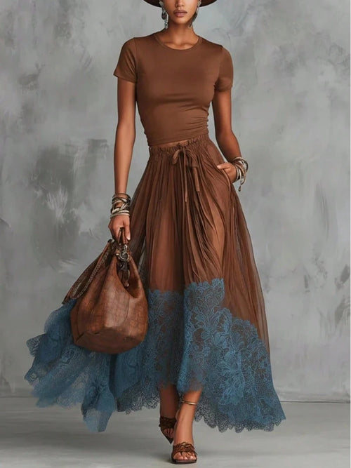 2026 Spring New V-Neck Waist-Cinching Ruffle Hem Elegant Base Top + Long Skirt