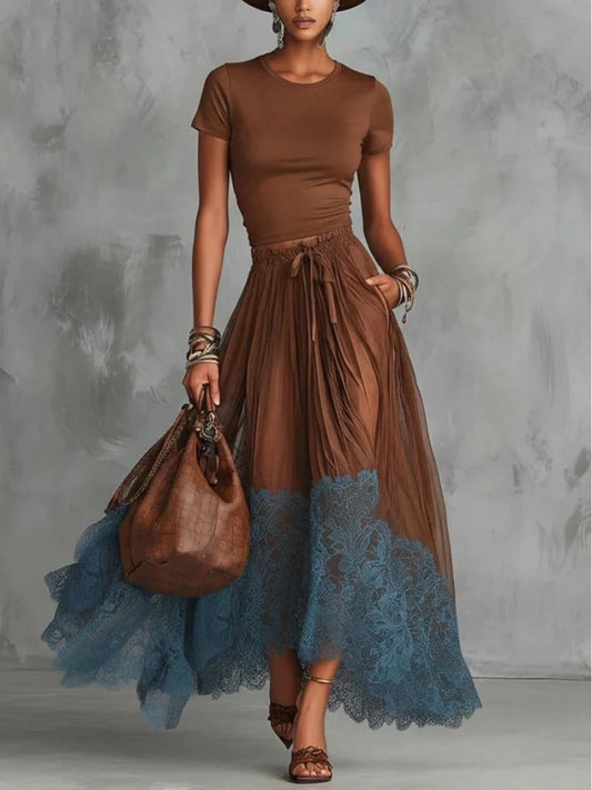 2026 Spring New V-Neck Waist-Cinching Ruffle Hem Elegant Base Top + Long Skirt