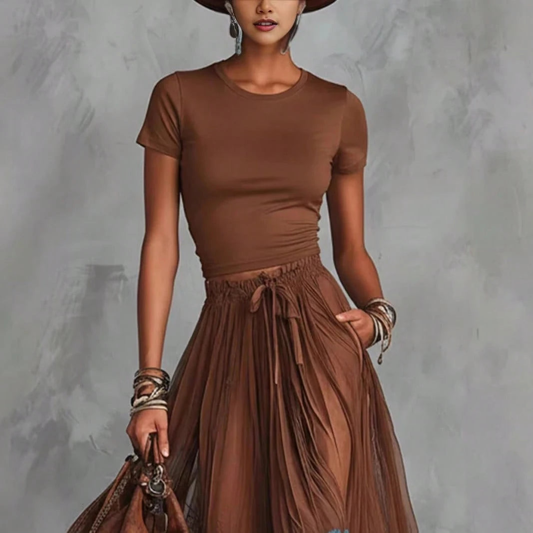 2026 Spring New V-Neck Waist-Cinching Ruffle Hem Elegant Base Top + Long Skirt
