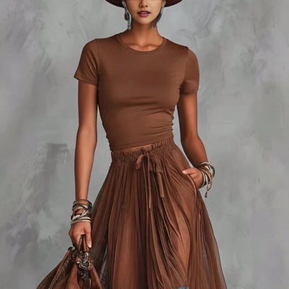 2026 Spring New V-Neck Waist-Cinching Ruffle Hem Elegant Base Top + Long Skirt