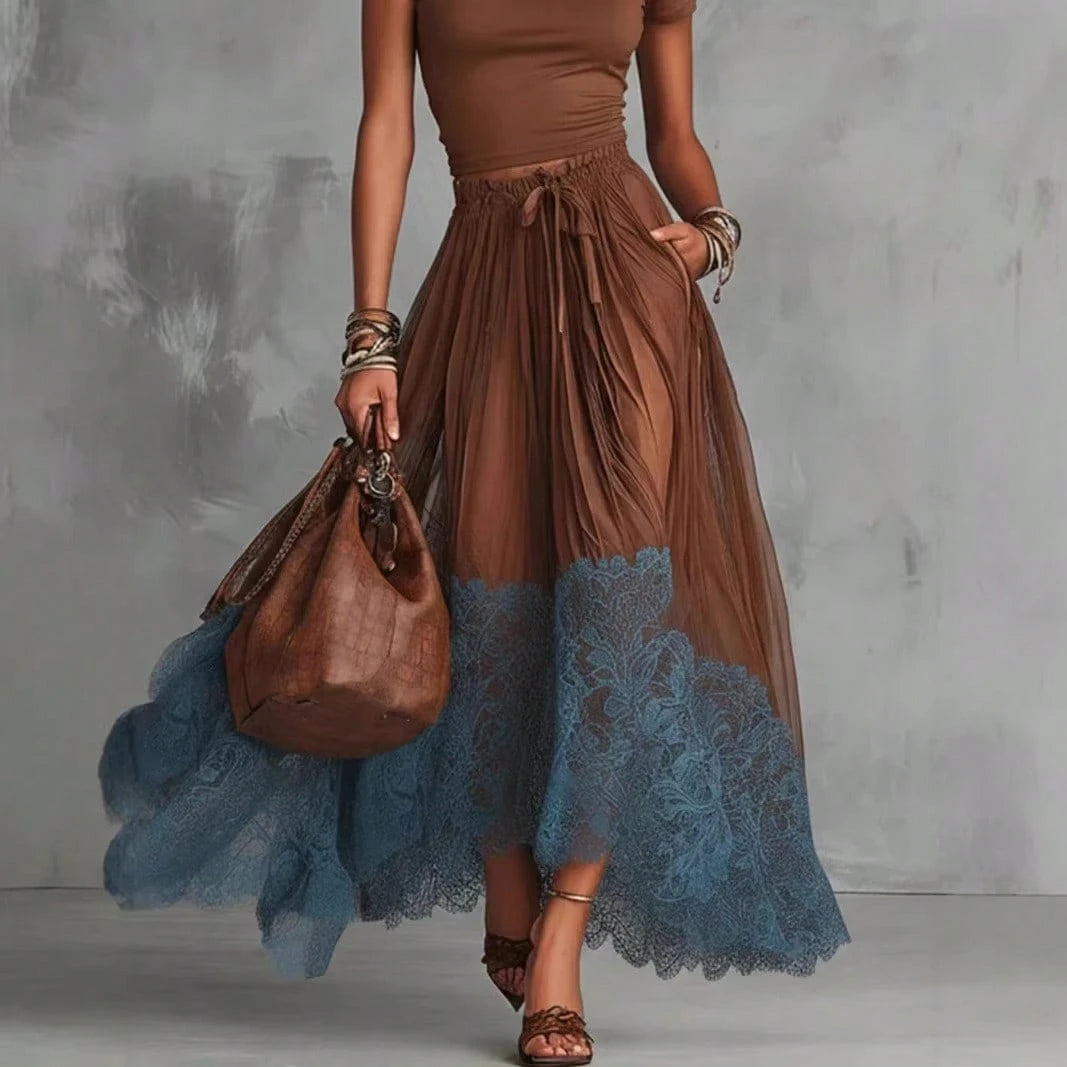 2026 Spring New V-Neck Waist-Cinching Ruffle Hem Elegant Base Top + Long Skirt