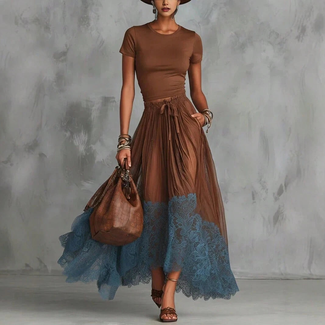 2026 Spring New V-Neck Waist-Cinching Ruffle Hem Elegant Base Top + Long Skirt