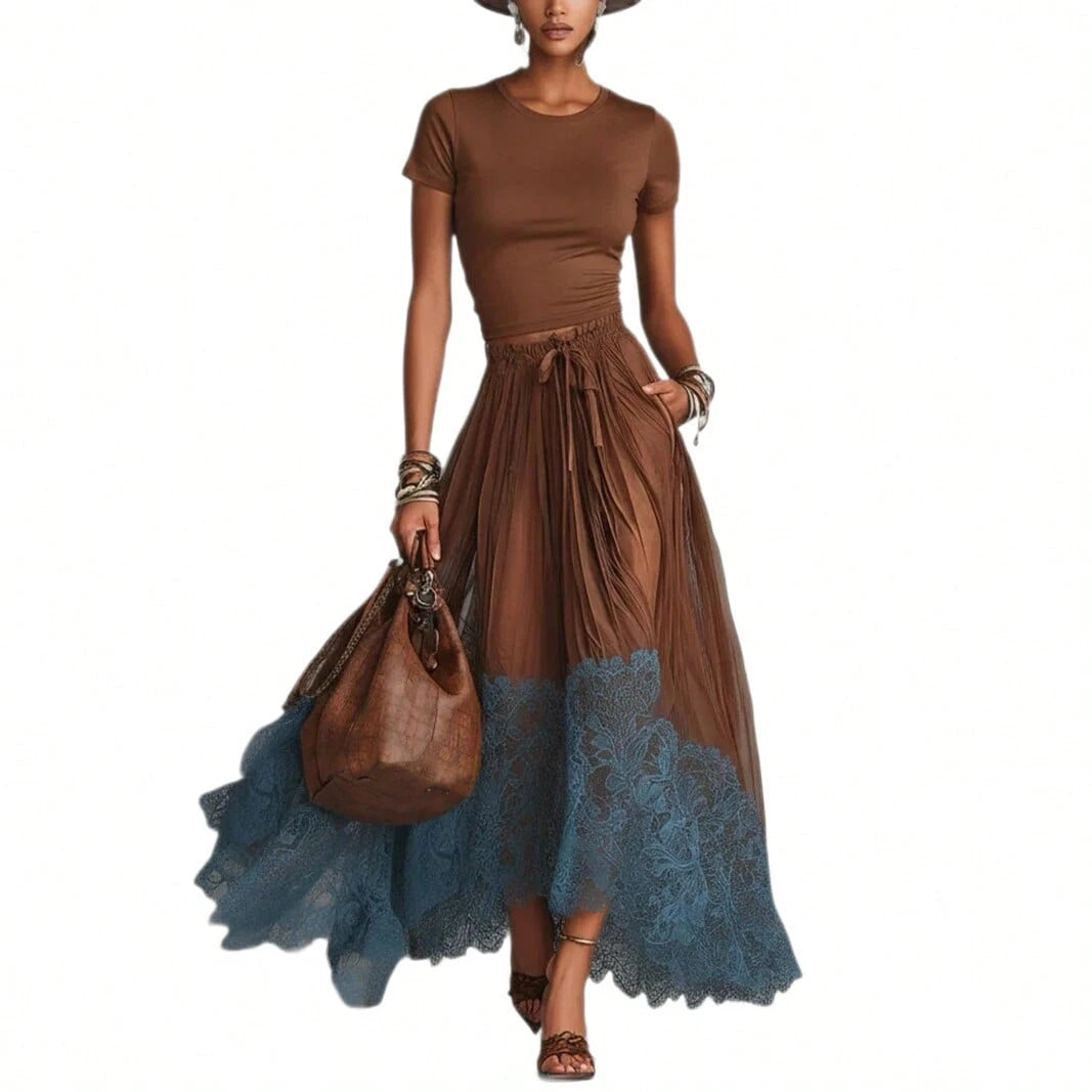 2026 Spring New V-Neck Waist-Cinching Ruffle Hem Elegant Base Top + Long Skirt