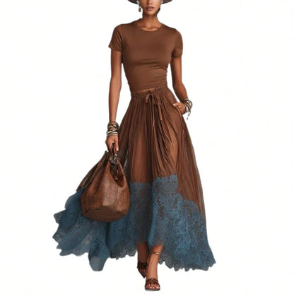 2026 Spring New V-Neck Waist-Cinching Ruffle Hem Elegant Base Top + Long Skirt