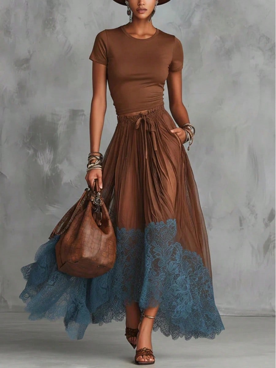 2026 Spring New V-Neck Waist-Cinching Ruffle Hem Elegant Base Top + Long Skirt